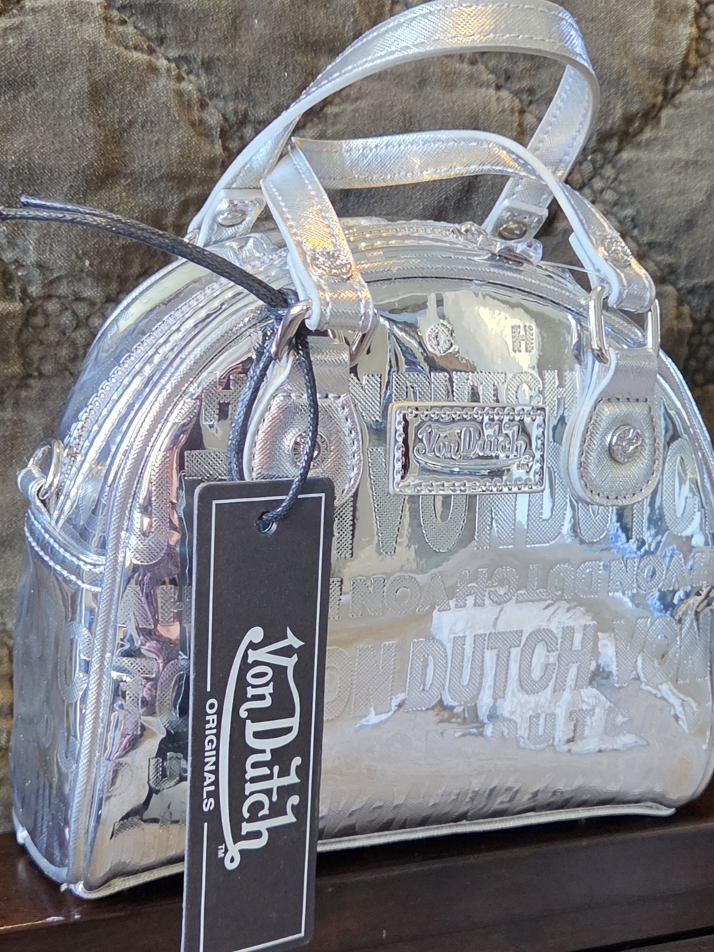 NWT Von Dutch Y2K Silver Mirror Reflective Mini Bowling Bag